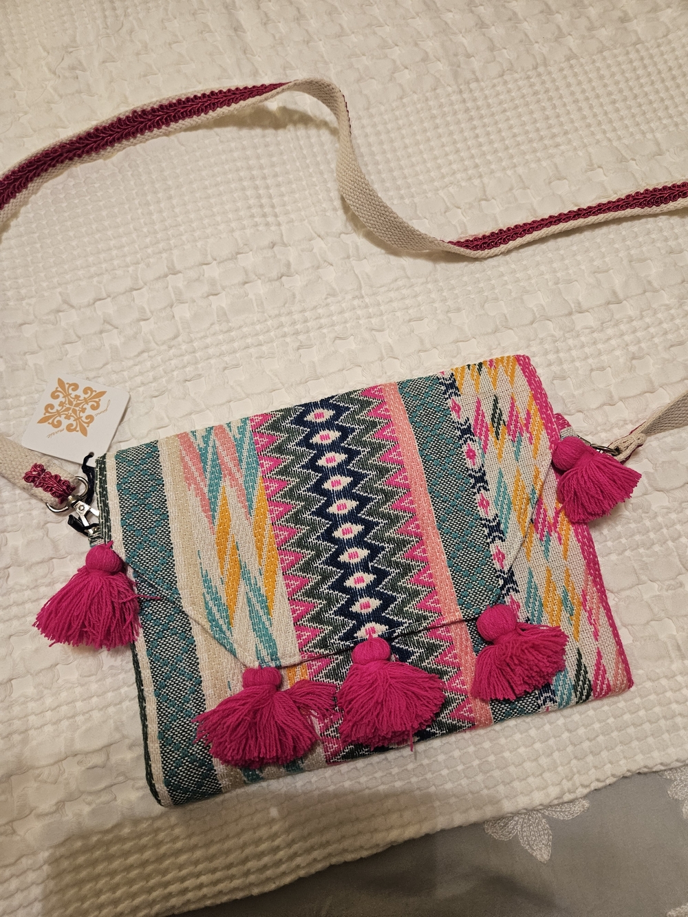 Jane Marie Vibrant Pink Tassel Woven Crossbody Bag